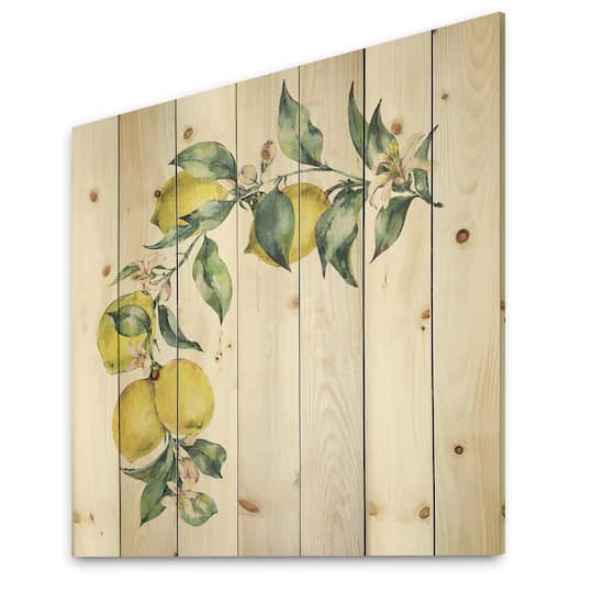 Designart - Branch of Yellow Lemons and Leaves II - Tropical Print on Natural Pine Wood